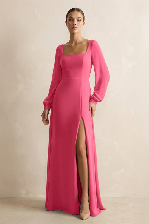 Square Neck Long Sleeves Chiffon Sheath Bridesmaid Dress in Fuchsia - SHE IS ME Bridesmaid Dresses