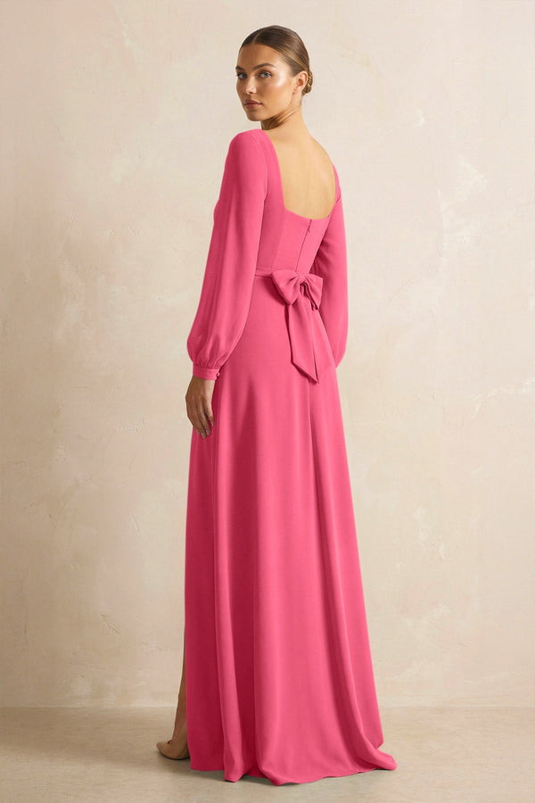 Square Neck Long Sleeves Chiffon Sheath Bridesmaid Dress in Fuchsia - SHE IS ME Bridesmaid Dresses