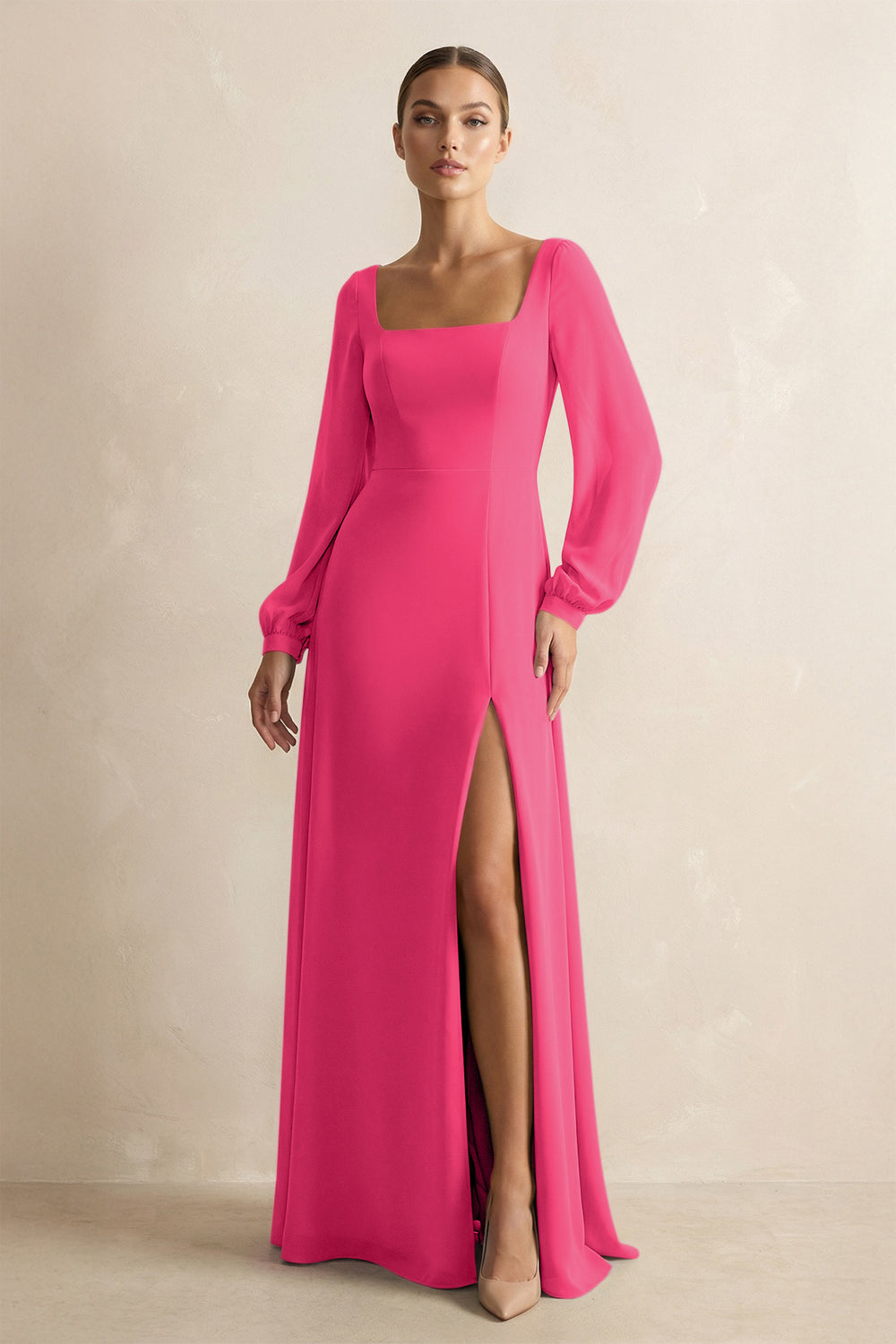 Square Neck Long Sleeves Chiffon Sheath Bridesmaid Dress in Fuchsia