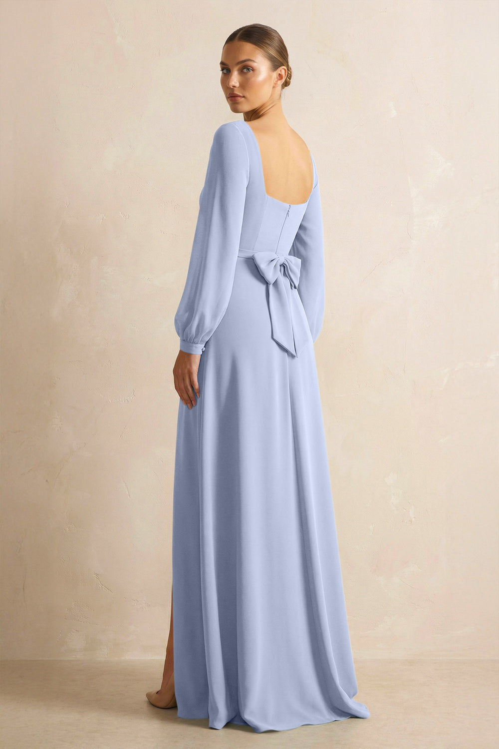 Square Neck Long Sleeves Chiffon Sheath Bridesmaid Dress in Ice