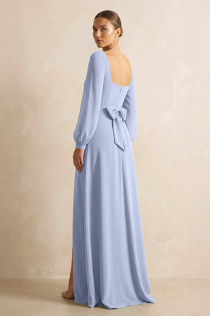 Square Neck Long Sleeves Chiffon Sheath Bridesmaid Dress in Ice (2) | KISSBRIDAL