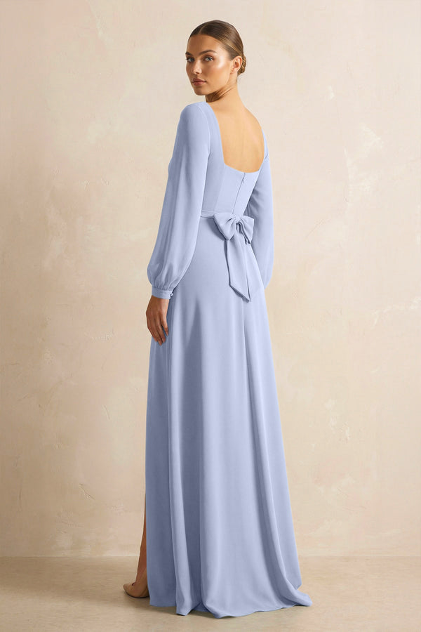 Square Neck Long Sleeves Chiffon Sheath Bridesmaid Dress in Ice (2) | KISSBRIDAL