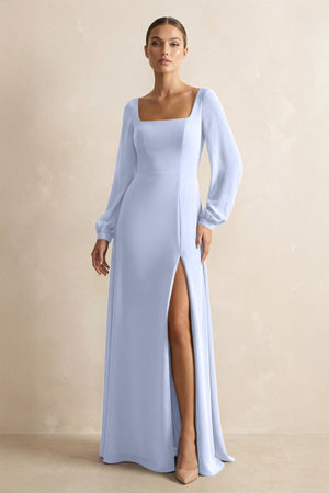 Square Neck Long Sleeves Chiffon Sheath Bridesmaid Dress in Ice - SHE IS ME Bridesmaid Dresses