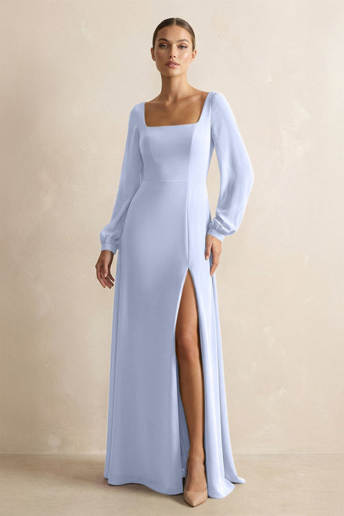 Square Neck Long Sleeves Chiffon Sheath Bridesmaid Dress in Ice - SHE IS ME Bridesmaid Dresses