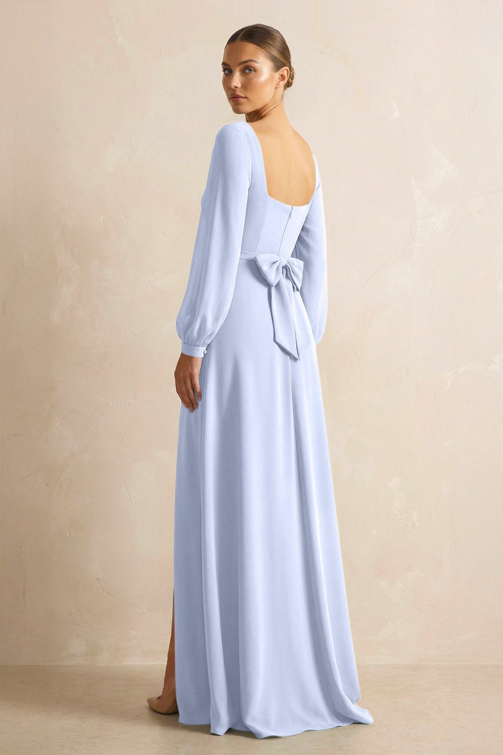 Square Neck Long Sleeves Chiffon Sheath Bridesmaid Dress in Ice - KISS BRIDAL Bridesmaid Dresses