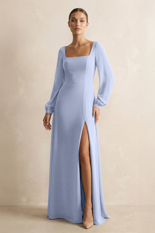 Square Neck Long Sleeves Chiffon Sheath Bridesmaid Dress in Ice | KISSBRIDAL