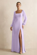 Square Neck Long Sleeves Chiffon Sheath Bridesmaid Dress in Lavender - SHE IS ME Bridesmaid Dresses