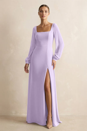Square Neck Long Sleeves Chiffon Sheath Bridesmaid Dress in Lavender - SHE IS ME Bridesmaid Dresses