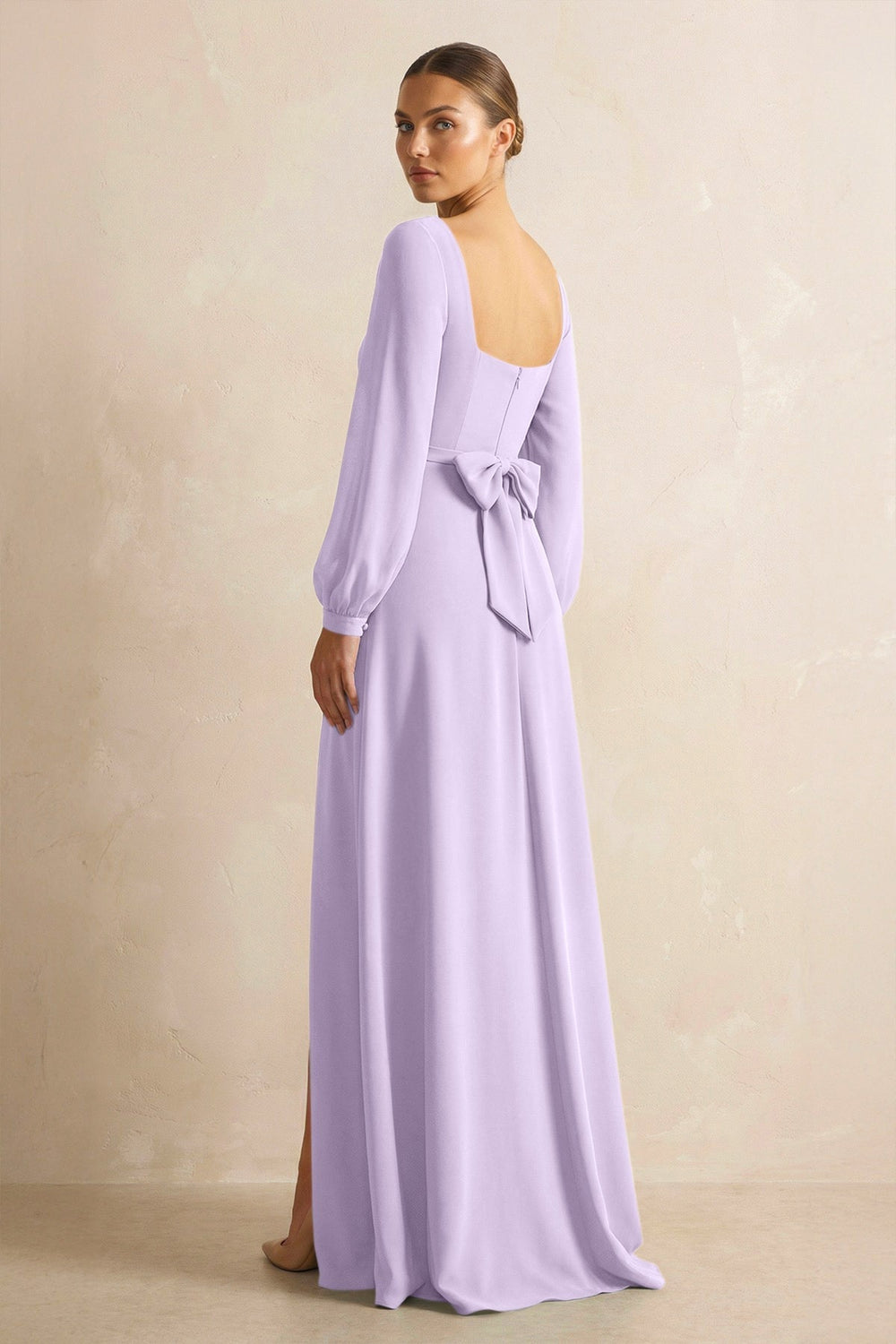 Square Neck Long Sleeves Chiffon Sheath Bridesmaid Dress in Lavender - KISS BRIDAL Bridesmaid Dresses