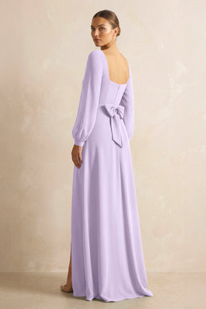 Square Neck Long Sleeves Chiffon Sheath Bridesmaid Dress in Lavender - SHE IS ME Bridesmaid Dresses