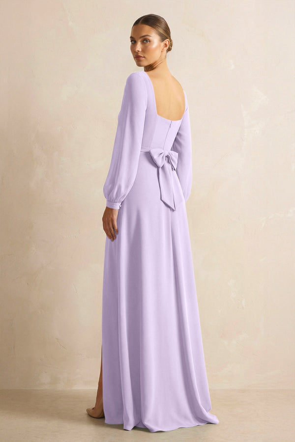 Square Neck Long Sleeves Chiffon Sheath Bridesmaid Dress in Lavender - SHE IS ME Bridesmaid Dresses