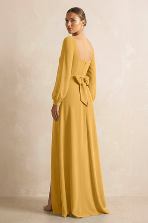 Square Neck Long Sleeves Chiffon Sheath Bridesmaid Dress in Marigold - SHE IS ME Bridesmaid Dresses