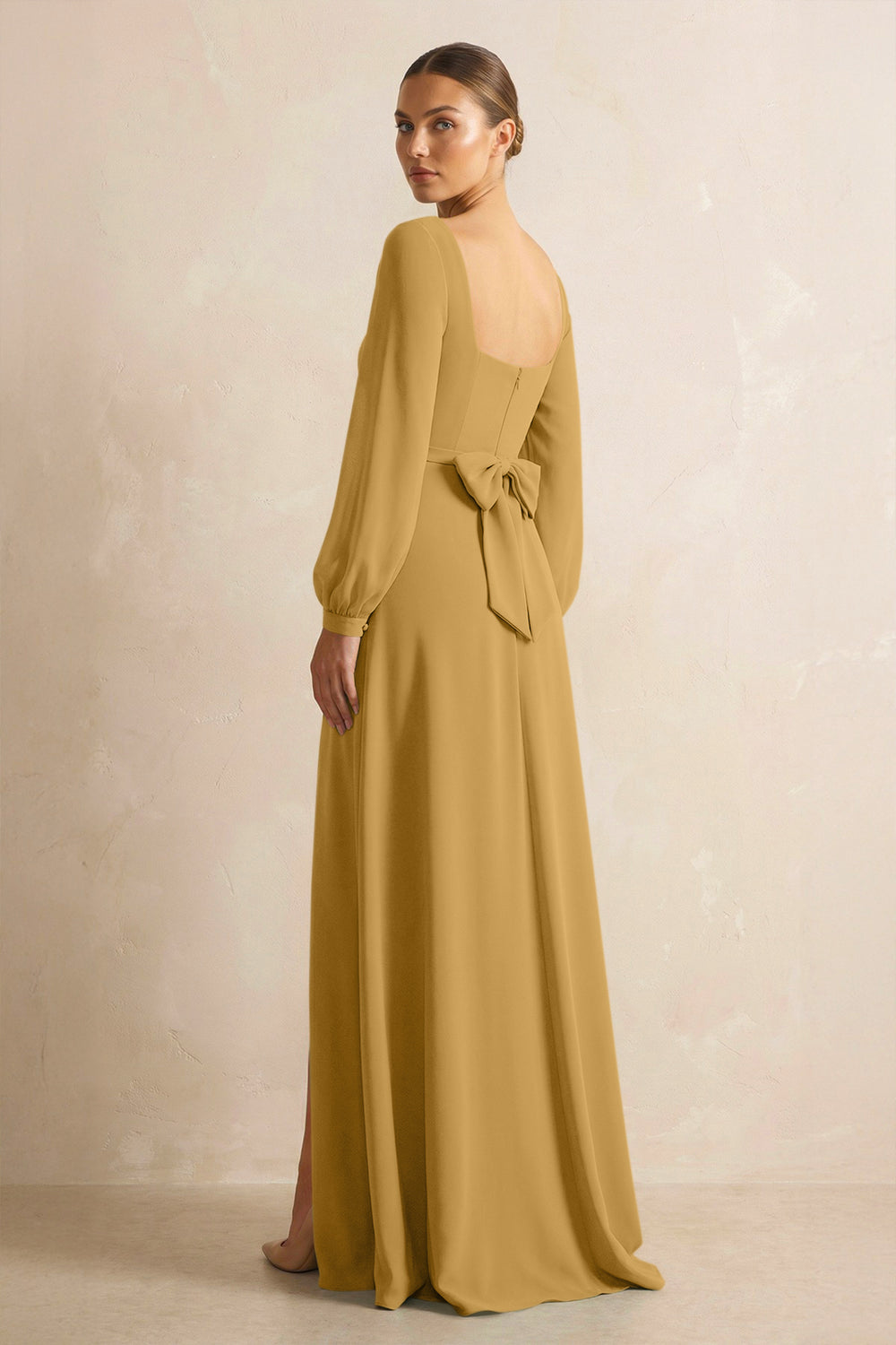 Square Neck Long Sleeves Chiffon Sheath Bridesmaid Dress in Marigold