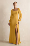 Square Neck Long Sleeves Chiffon Sheath Bridesmaid Dress in Marigold - SHE IS ME Bridesmaid Dresses