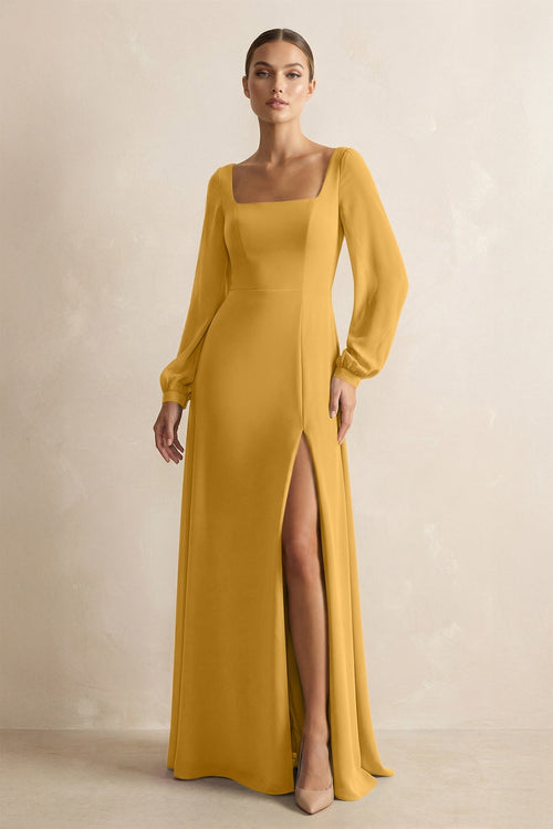 Square Neck Long Sleeves Chiffon Sheath Bridesmaid Dress in Marigold - SHE IS ME Bridesmaid Dresses