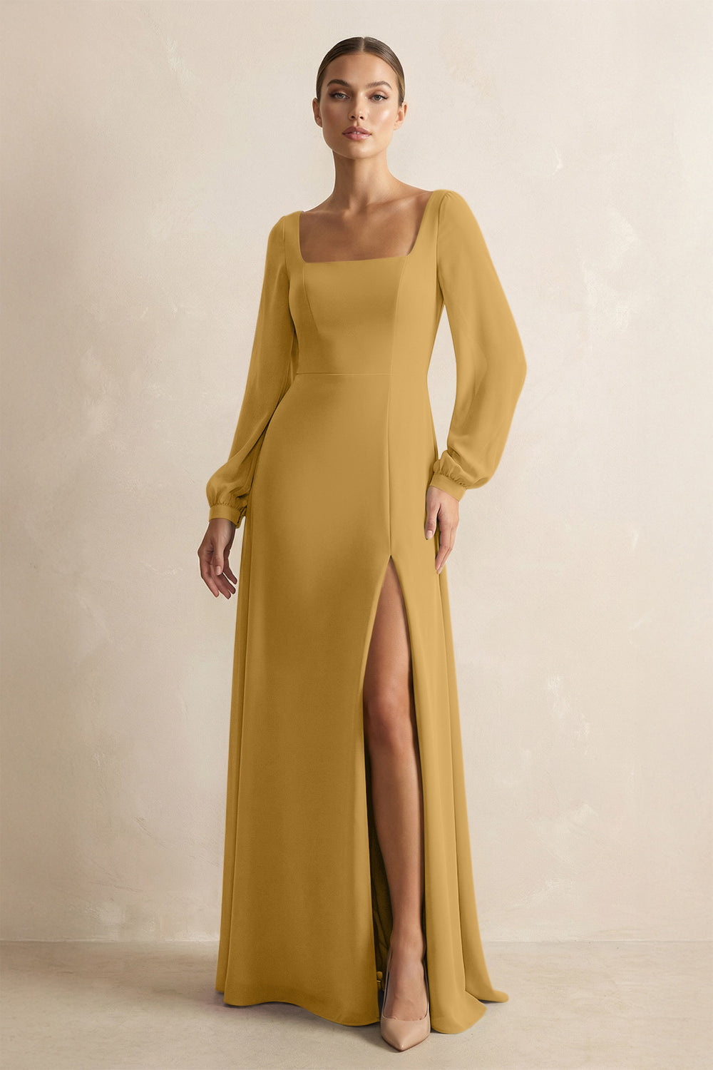 Square Neck Long Sleeves Chiffon Sheath Bridesmaid Dress in Marigold