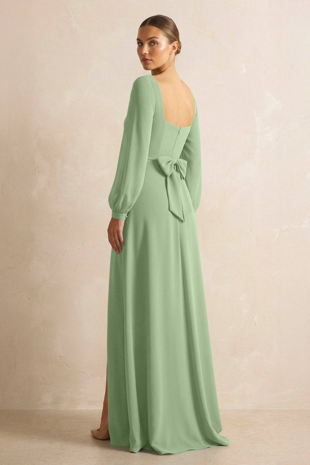 Square Neck Long Sleeves Chiffon Sheath Bridesmaid Dress in Matcha