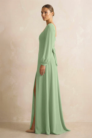 Square Neck Long Sleeves Chiffon Sheath Bridesmaid Dress in Matcha (3) | KISSBRIDAL