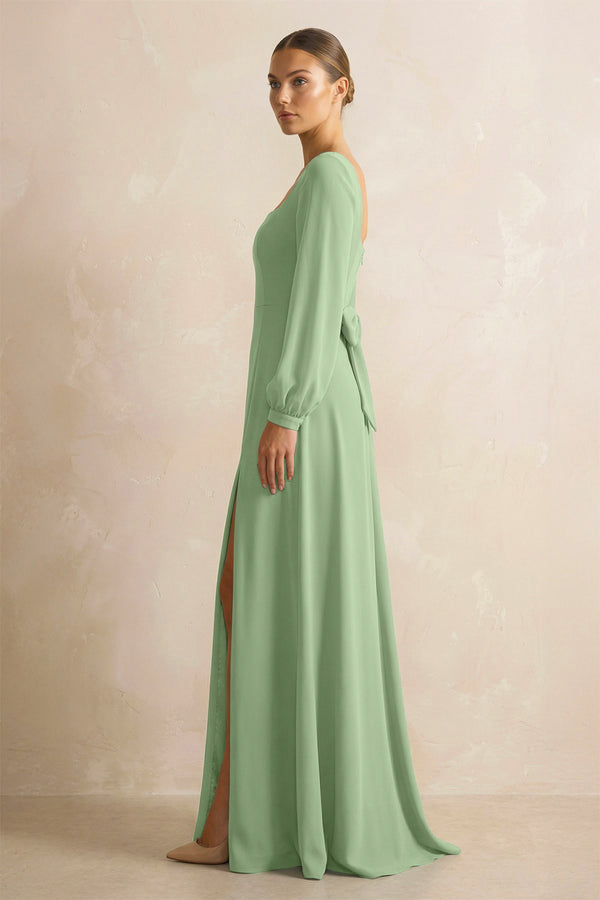 Square Neck Long Sleeves Chiffon Sheath Bridesmaid Dress in Matcha (3) | KISSBRIDAL