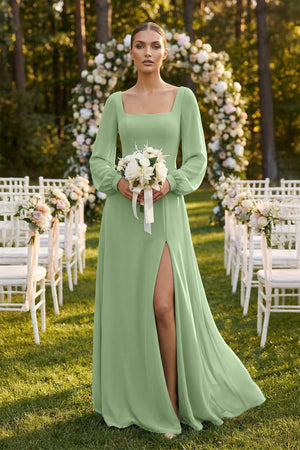 Square Neck Long Sleeves Chiffon Sheath Bridesmaid Dress in Matcha (4) | KISSBRIDAL