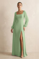 Square Neck Long Sleeves Chiffon Sheath Bridesmaid Dress in Matcha | KISSBRIDAL