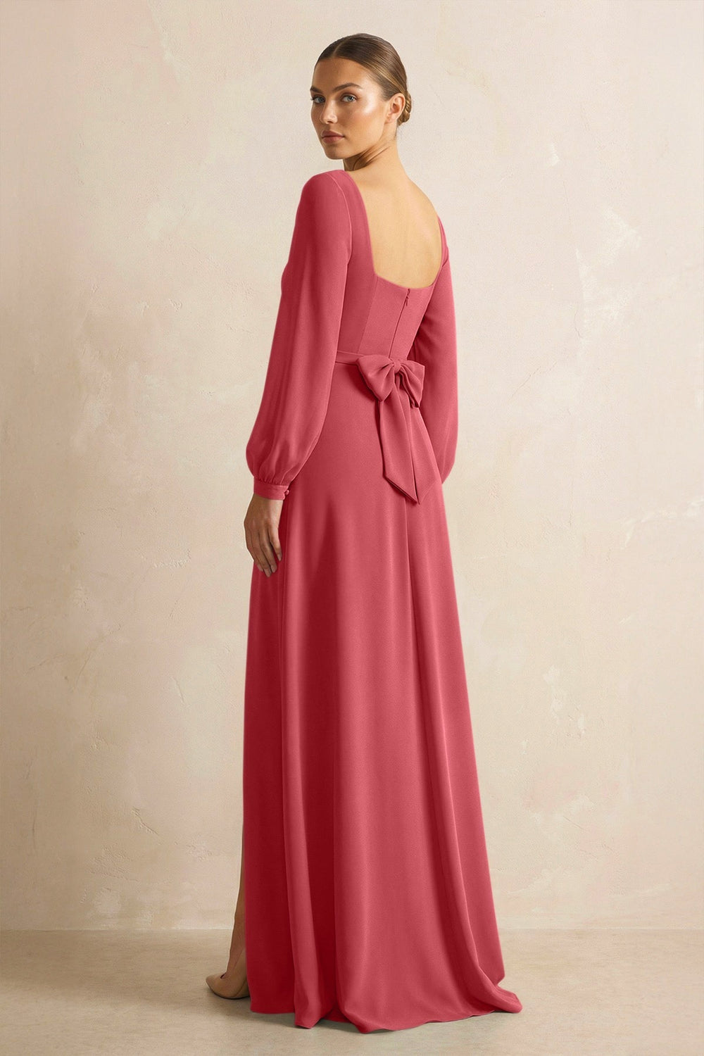 Square Neck Long Sleeves Chiffon Sheath Bridesmaid Dress in Merlot - KISS BRIDAL Bridesmaid Dresses