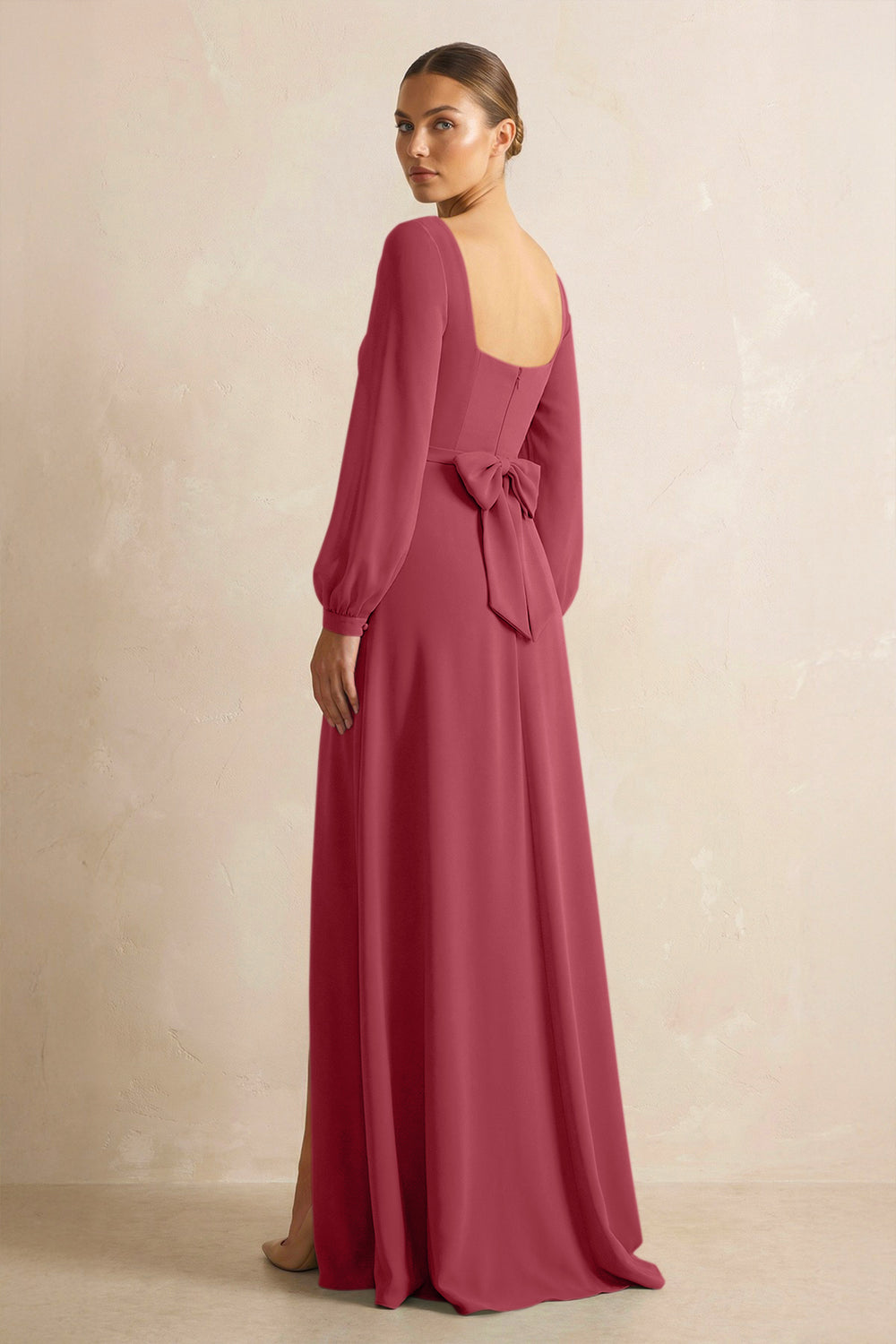 Square Neck Long Sleeves Chiffon Sheath Bridesmaid Dress in Merlot
