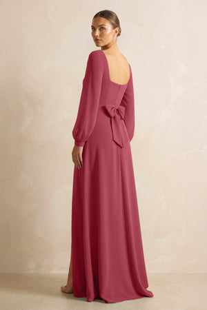 Square Neck Long Sleeves Chiffon Sheath Bridesmaid Dress in Merlot (2) | KISSBRIDAL