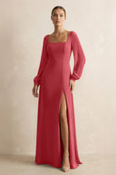 Square Neck Long Sleeves Chiffon Sheath Bridesmaid Dress in Merlot - SHE IS ME Bridesmaid Dresses