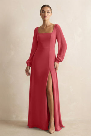 Square Neck Long Sleeves Chiffon Sheath Bridesmaid Dress in Merlot - SHE IS ME Bridesmaid Dresses