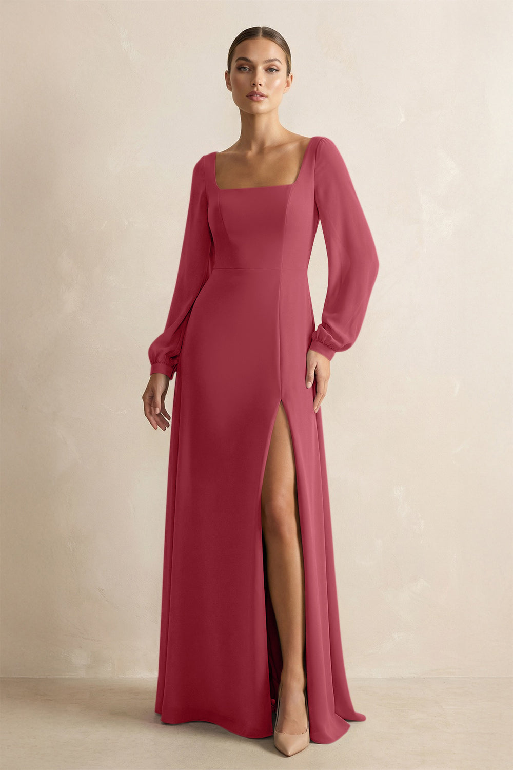 Square Neck Long Sleeves Chiffon Sheath Bridesmaid Dress in Merlot
