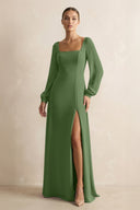 Square Neck Long Sleeves Chiffon Sheath Bridesmaid Dress in Moss - SHE IS ME Bridesmaid Dresses