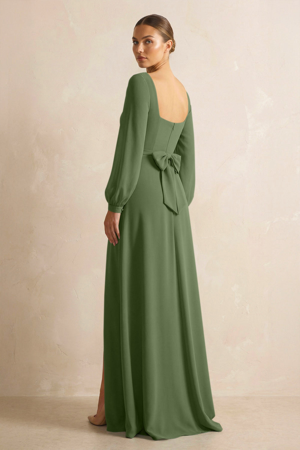 Square Neck Long Sleeves Chiffon Sheath Bridesmaid Dress in Moss