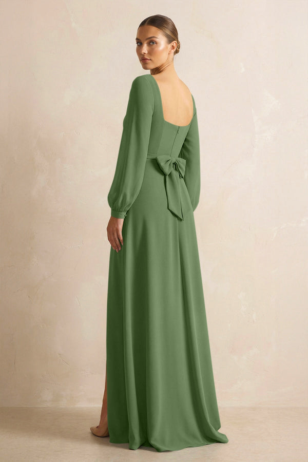 Square Neck Long Sleeves Chiffon Sheath Bridesmaid Dress in Moss - SHE IS ME Bridesmaid Dresses