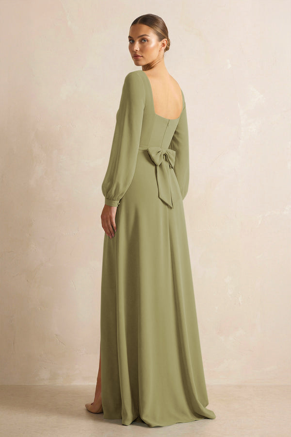Square Neck Long Sleeves Chiffon Sheath Bridesmaid Dress in Moss Green (2) | KISSBRIDAL