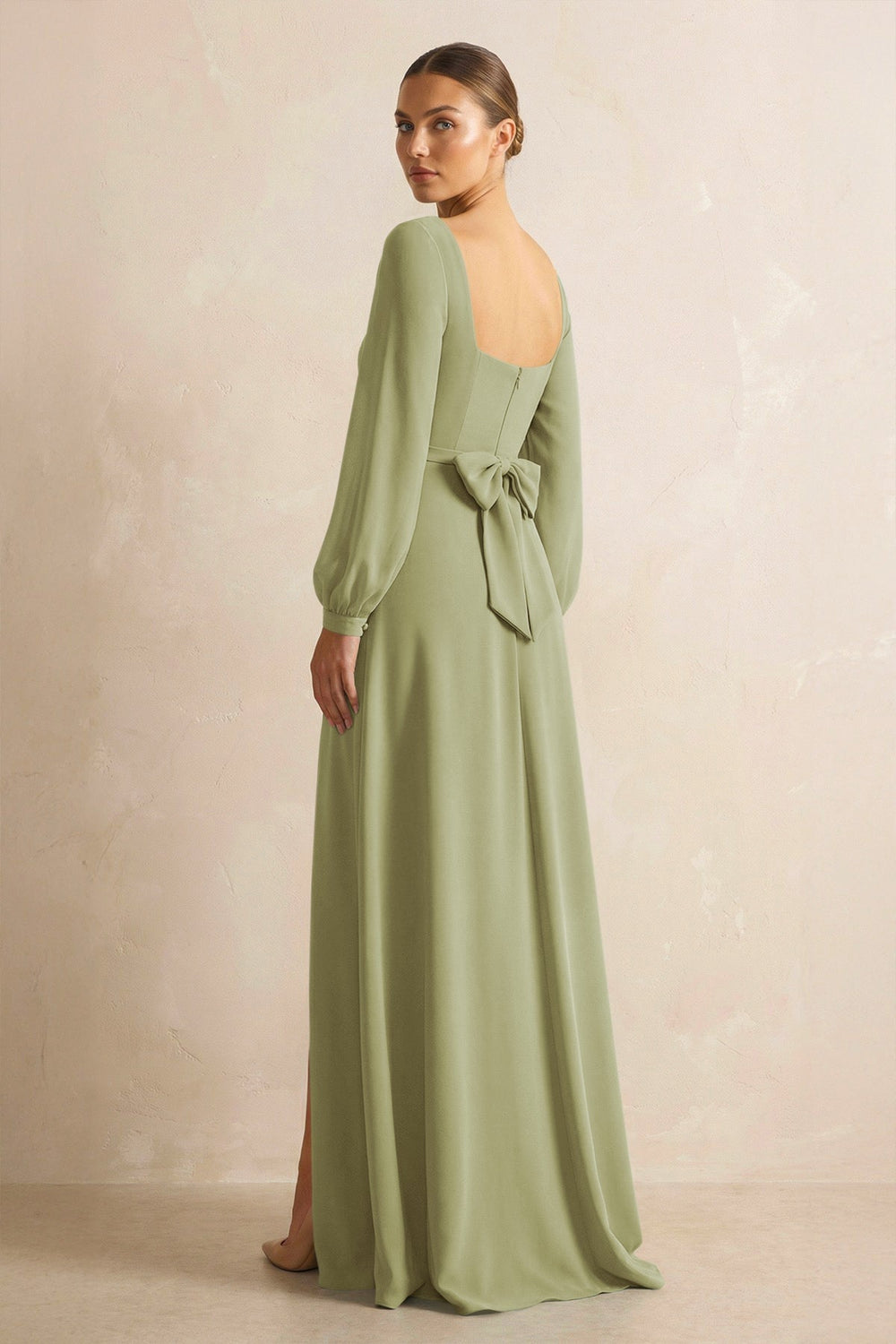 Square Neck Long Sleeves Chiffon Sheath Bridesmaid Dress in Moss Green - KISS BRIDAL Bridesmaid Dresses