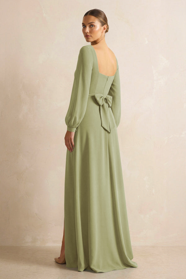 Square Neck Long Sleeves Chiffon Sheath Bridesmaid Dress in Moss Green - SHE IS ME Bridesmaid Dresses