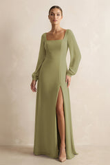 Square Neck Long Sleeves Chiffon Sheath Bridesmaid Dress in Moss Green | KISSBRIDAL