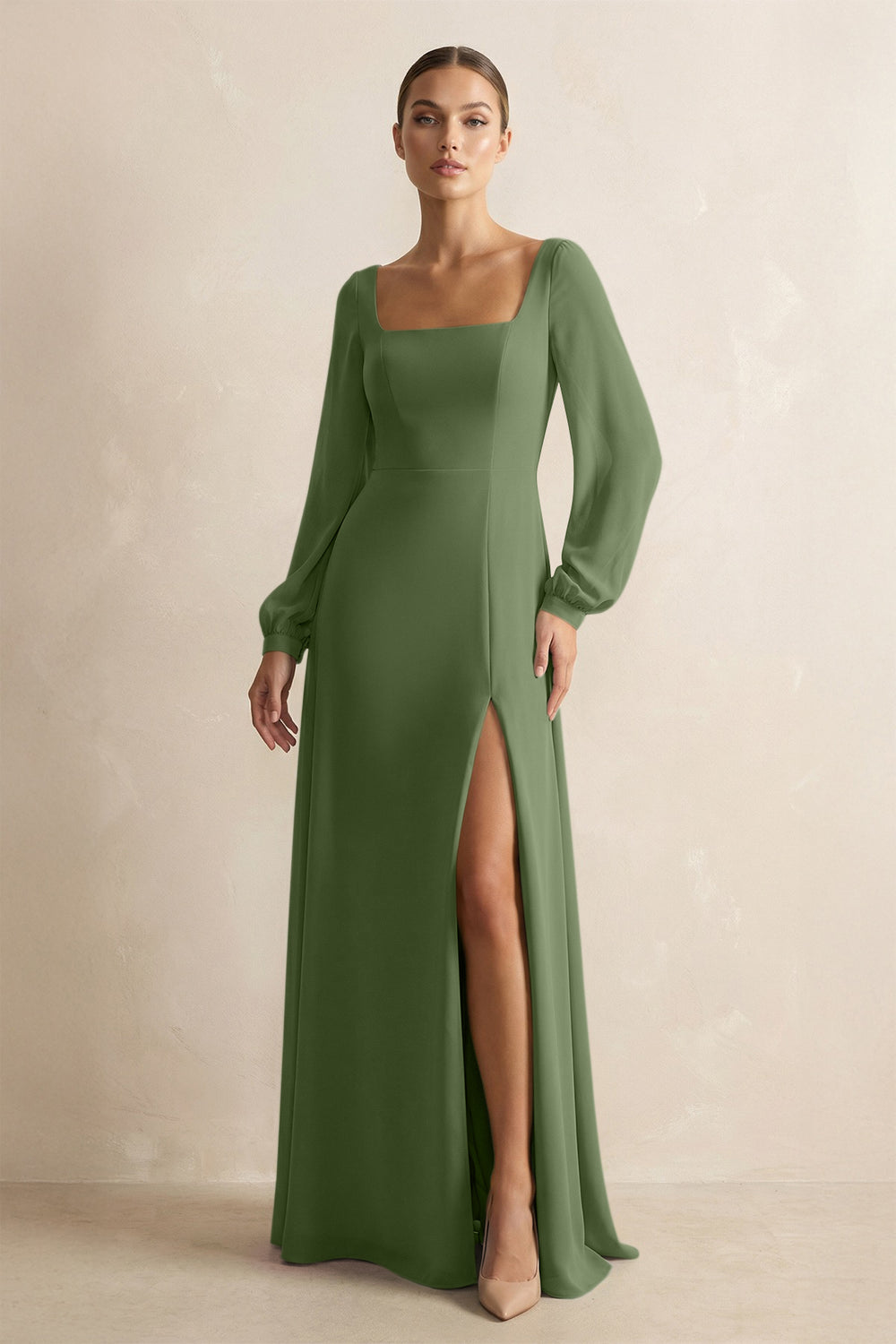Square Neck Long Sleeves Chiffon Sheath Bridesmaid Dress in Moss