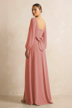 Square Neck Long Sleeves Chiffon Sheath Bridesmaid Dress in Mulberry (2) | KISSBRIDAL