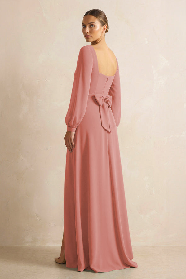 Square Neck Long Sleeves Chiffon Sheath Bridesmaid Dress in Mulberry (2) | KISSBRIDAL