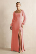 Square Neck Long Sleeves Chiffon Sheath Bridesmaid Dress in Mulberry - SHE IS ME Bridesmaid Dresses