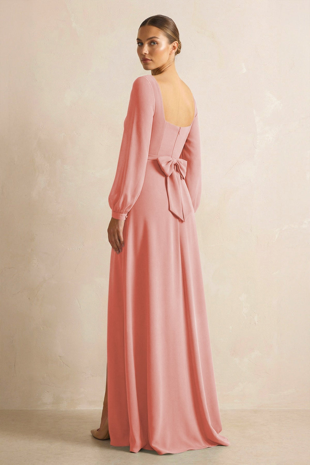 Square Neck Long Sleeves Chiffon Sheath Bridesmaid Dress in Mulberry - KISS BRIDAL Bridesmaid Dresses