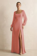Square Neck Long Sleeves Chiffon Sheath Bridesmaid Dress in Mulberry | KISSBRIDAL