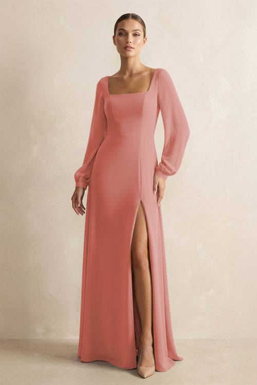 Square Neck Long Sleeves Chiffon Sheath Bridesmaid Dress in Mulberry | KISSBRIDAL