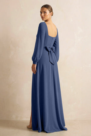 Square Neck Long Sleeves Chiffon Sheath Bridesmaid Dress in Navy - SHE IS ME Bridesmaid Dresses