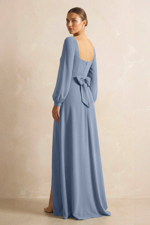 Square Neck Long Sleeves Chiffon Sheath Bridesmaid Dress in Neptune - SHE IS ME Bridesmaid Dresses