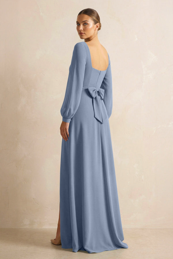 Square Neck Long Sleeves Chiffon Sheath Bridesmaid Dress in Neptune - SHE IS ME Bridesmaid Dresses