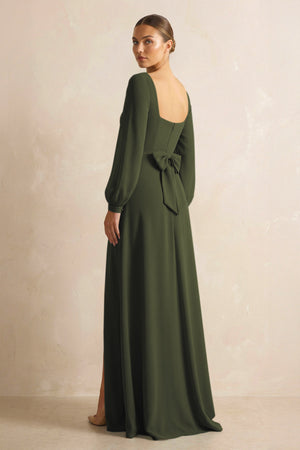 Square Neck Long Sleeves Chiffon Sheath Bridesmaid Dress in Olive (2) | KISSBRIDAL