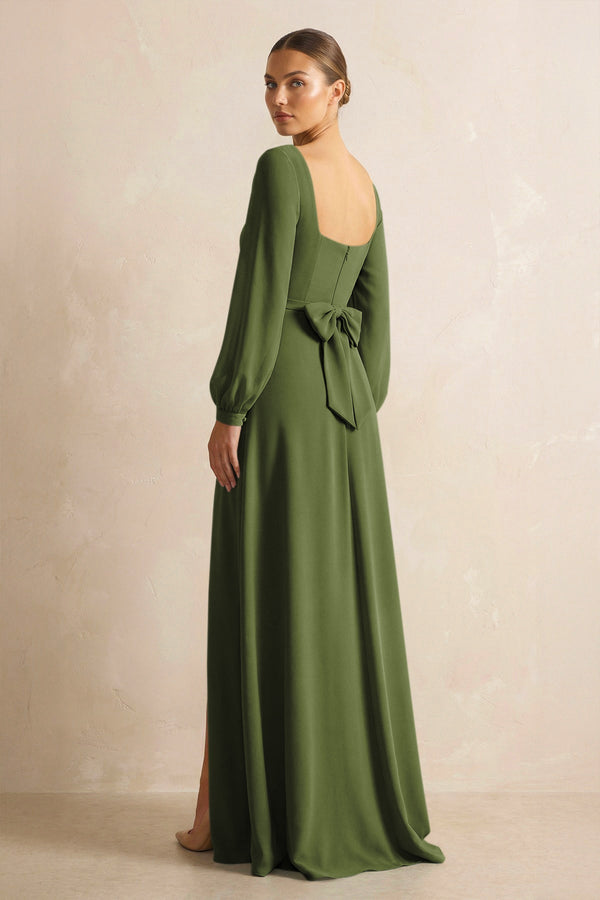 Square Neck Long Sleeves Chiffon Sheath Bridesmaid Dress in Olive - SHE IS ME Bridesmaid Dresses